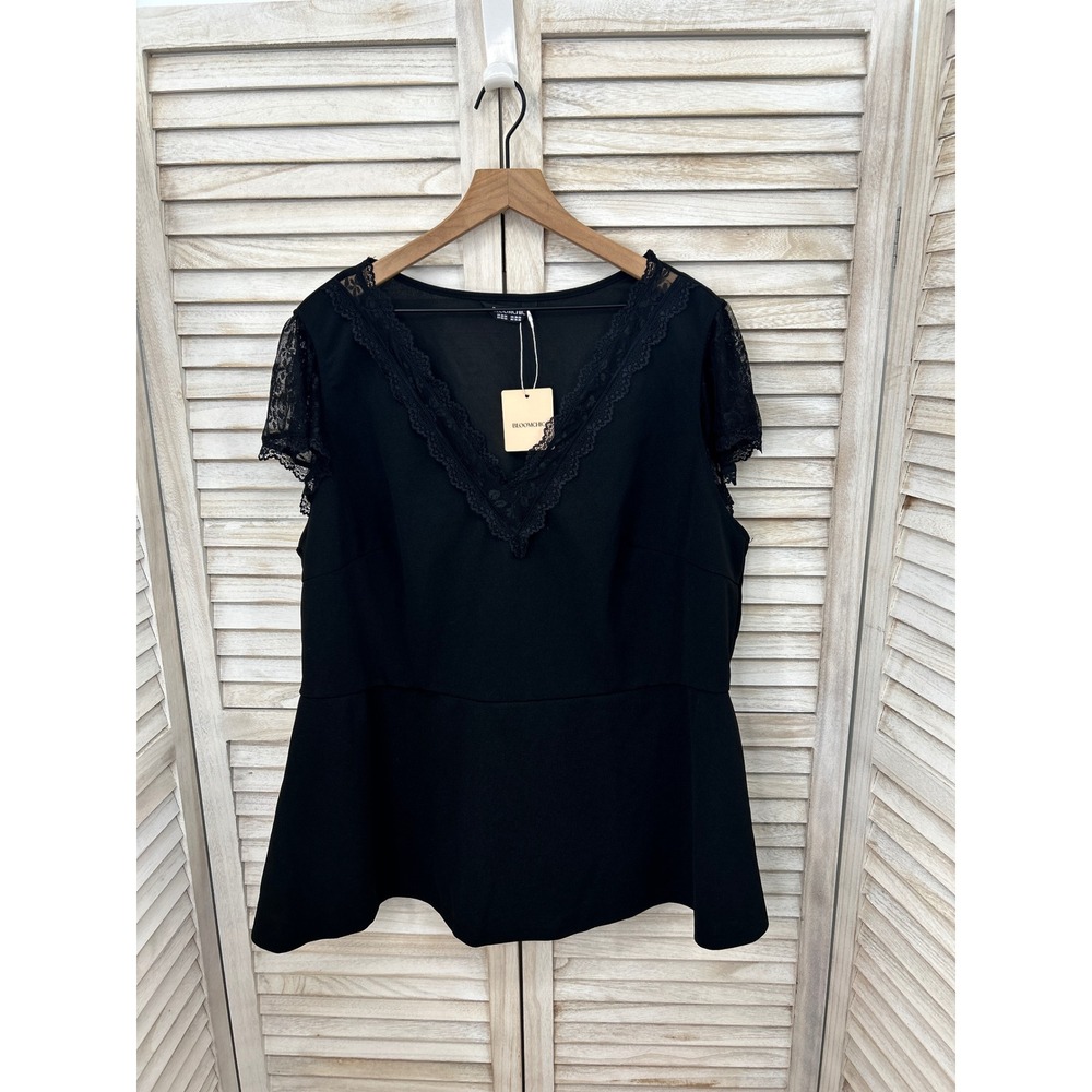 NEW Bloomchic Peplum Top Size 22-24 3X Black Women Lace Trim V-Neck Short Sleeve